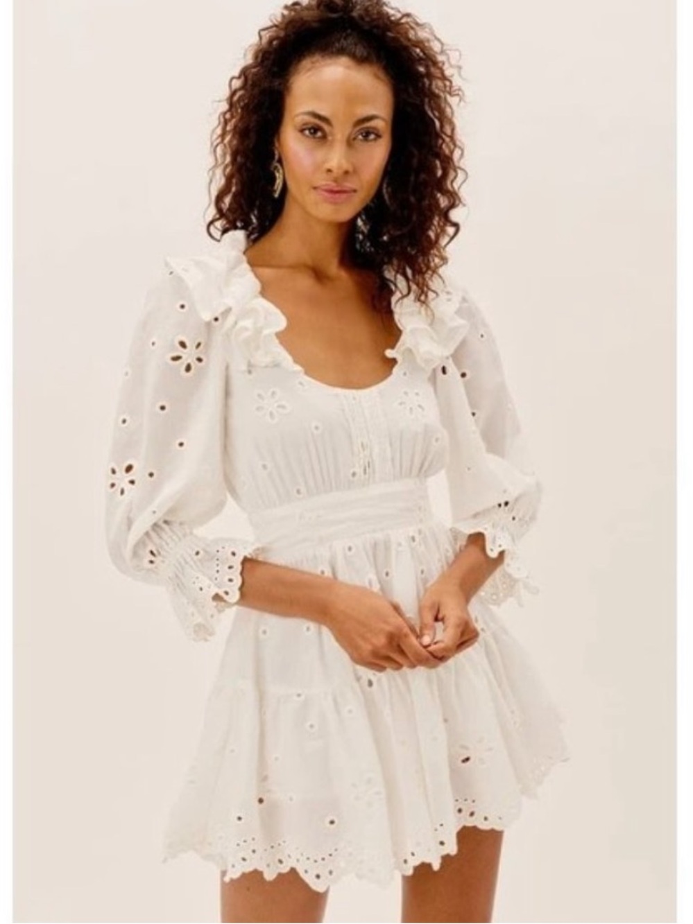 For Love and Lemons Serena Mini Dress Women’s 2XS White Long Sleeve Tie Waist